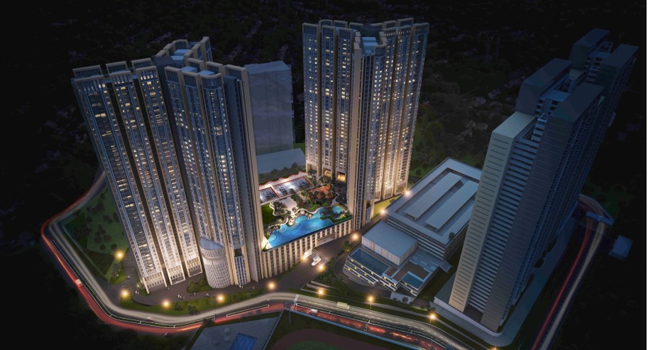 Ren Residence twin towers at night, aerial render